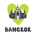 Silhouette illustration of Bangkok lover with text Bangkok and green heart